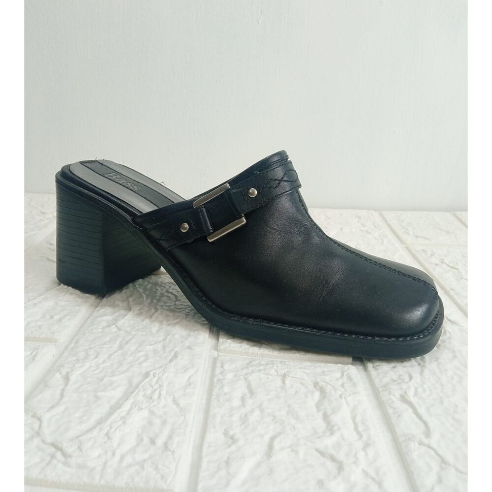 Vintage 90's Bass Leather Chunky Heels Womens Black Leather Buckle Y2K Size 7M
